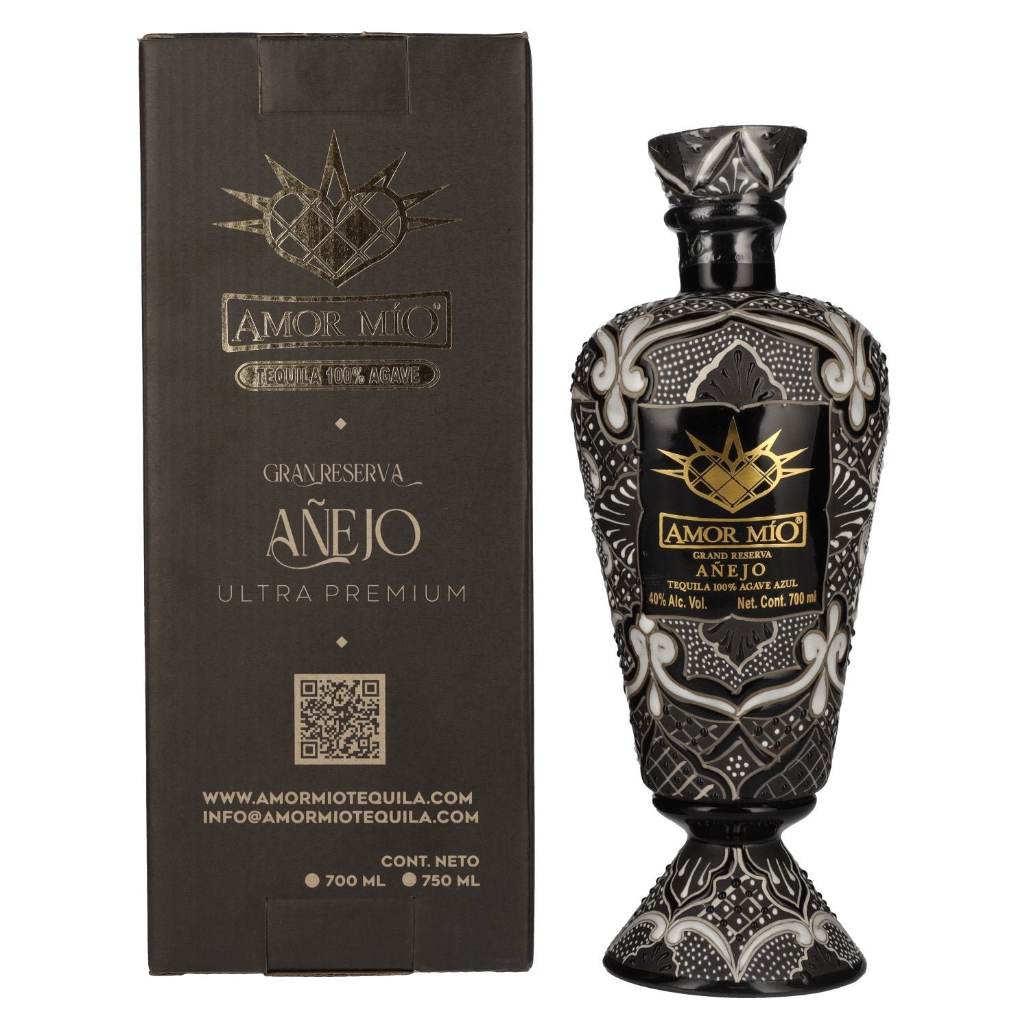 d3ff70d5d4da0398547193f0e9c3b9c7b5269472f542c1242d0bbdd2e49080e9.jpg Amor Mío Tequila Gran Reserva Añejo 100% Agave Azul 40% Vol. 0,7l in gift box - Image 1