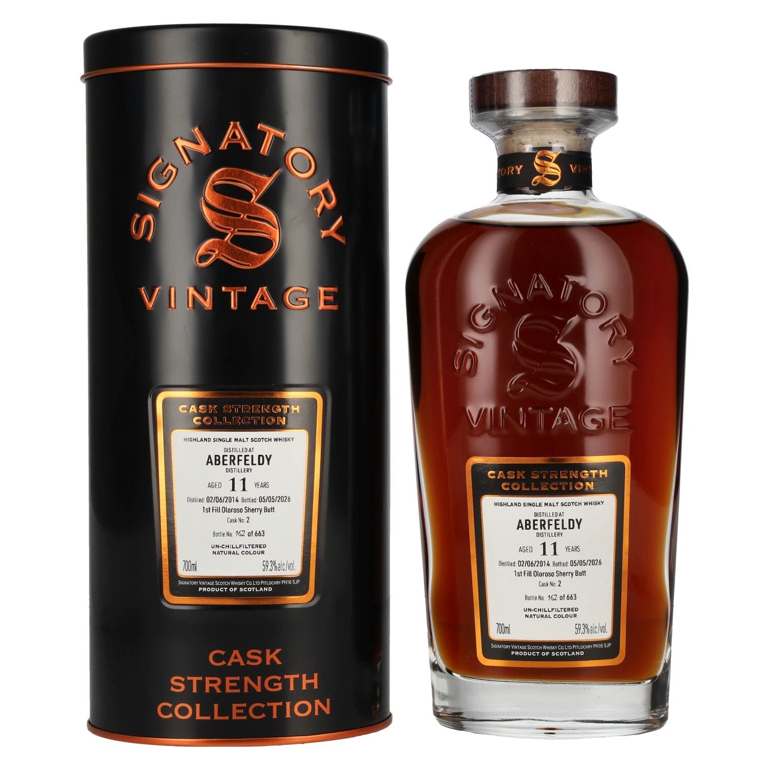 db373b54c9fbb60f207808bc45c2bcdb323b4b4465f96d5502877878ffdad0f5.jpg Signatory Vintage Aberfeldy 11 Years Old 1st Fill Oloroso Sherry Cask Strength #2 2014 59.3% vol. 0.7l in a tin box - Image 1