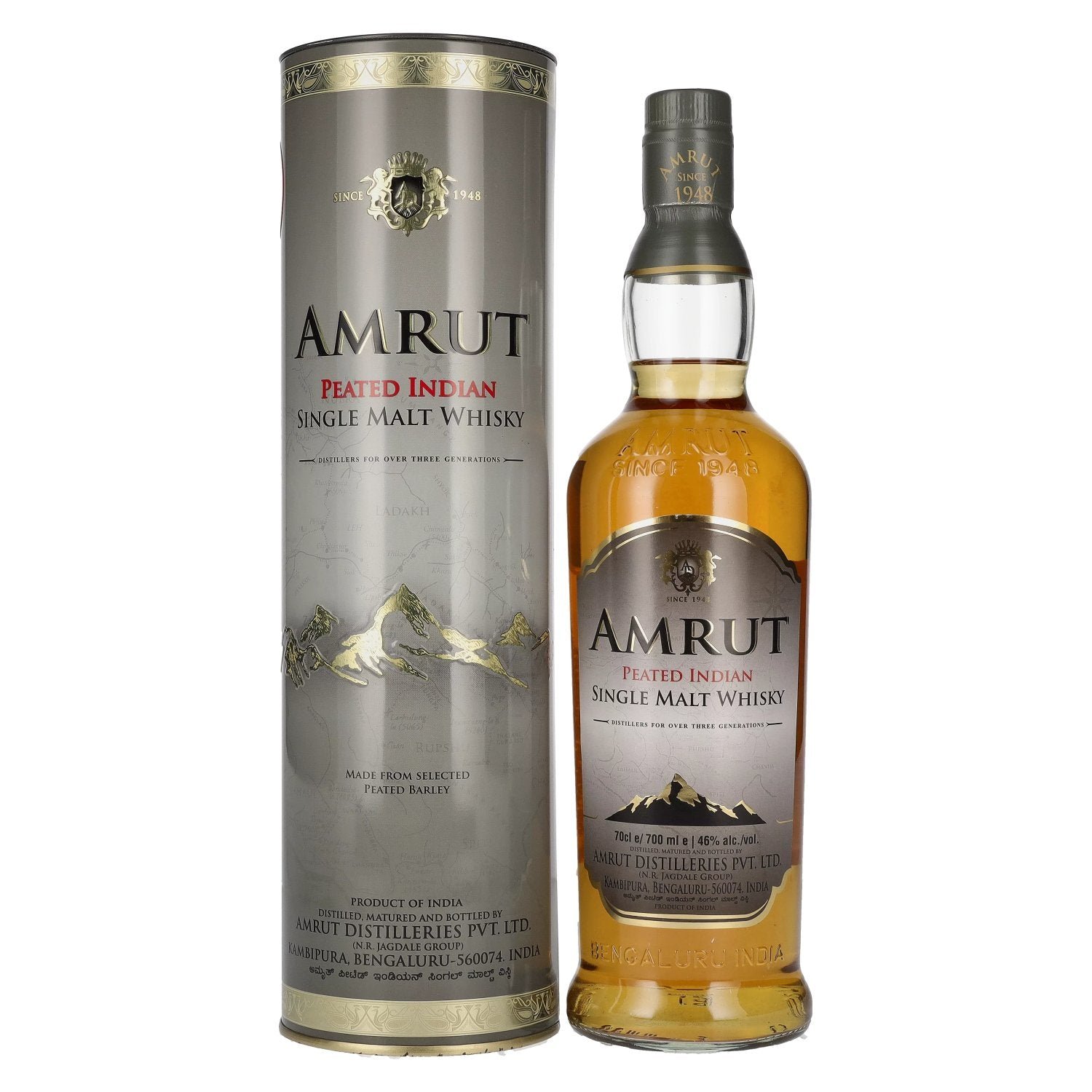 ddeceebd7bcf72e99be6516b9ae635e336c2a13633522ea90960b604030490df.jpg Amrut PEATED Indian Single Malt Whisky 46% Vol. 0,7l in Tinbox - Image 1