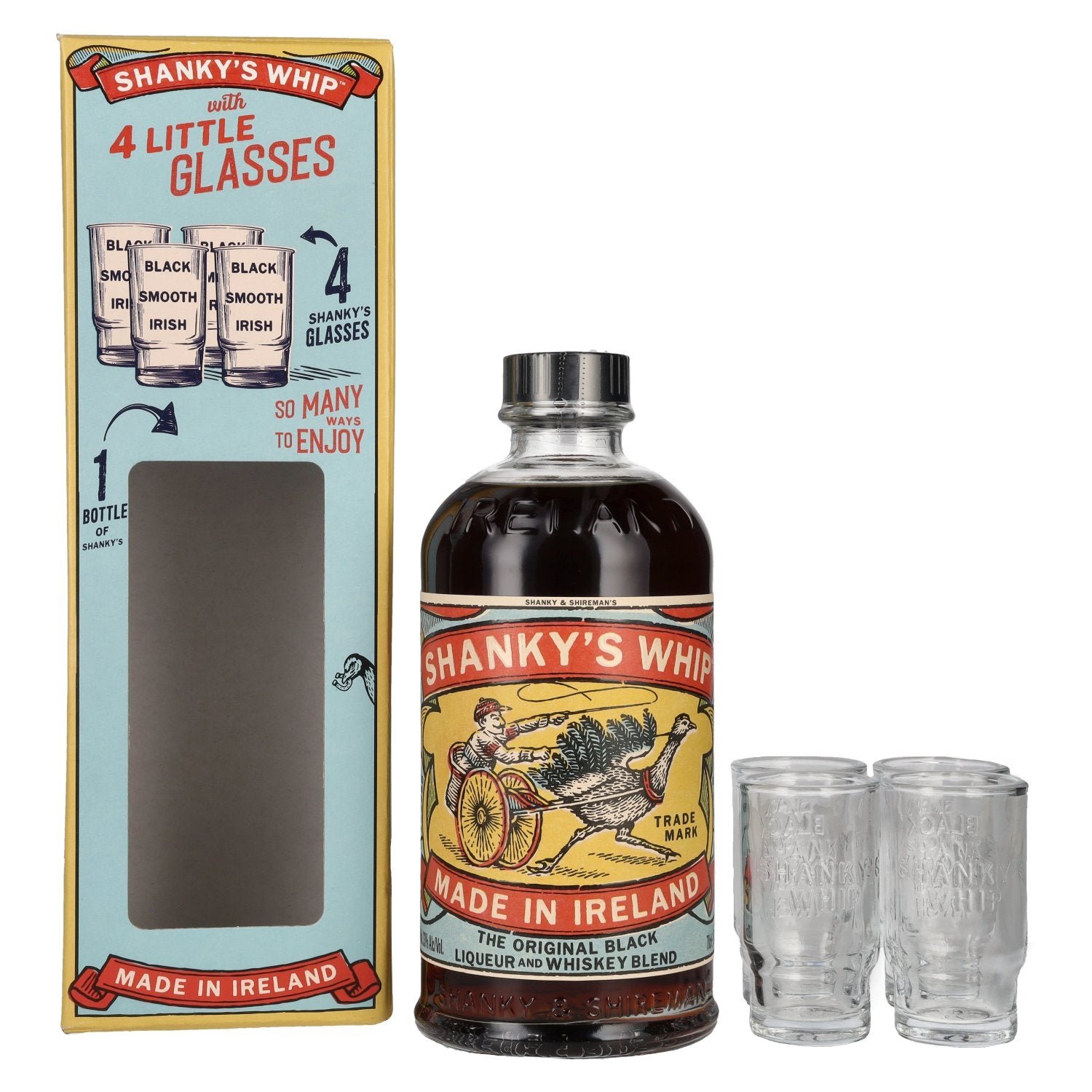 e35604cd2c8e13385478edcdffdef41a0b9d46c3eecd1b4008963b253719cd6e.jpg Shanky's Whip The Original Black Liqueur and Whiskey Blend 33% Vol. 0.7l in gift box with 4 shot glasses - Image 1