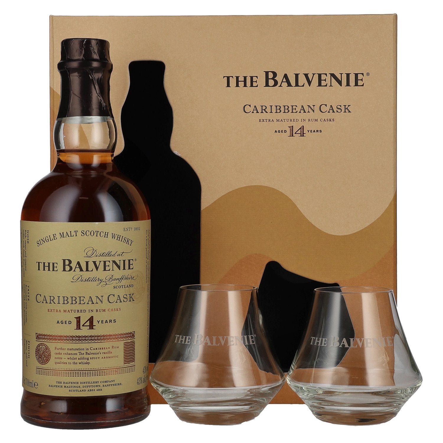 e640440612f12eee267f7c5496a9ca8ed5aae5618204f7e202899e2c5ce376a2.jpg The Balvenie 14 Years Old Caribbean Cask Finish 43% Vol. 0,7l in gift box with 2 glasses - Image 1