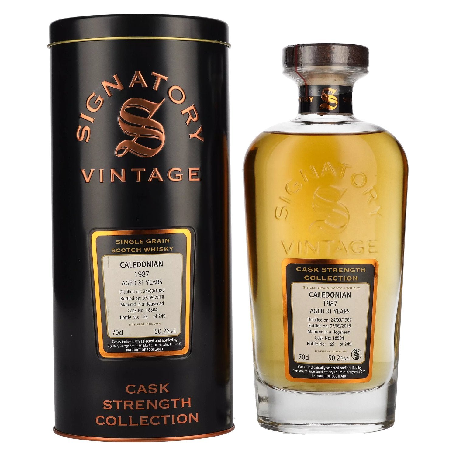 e7ea8ad74be9fa17865af97d4d67a3bf40ad3ea58b785efcc6e5d30c95fde1fb.jpg Signatory Vintage CALEDONIAN 31 Years Old Cask Strength 1987 50,2% Vol. 0,7l in Tinbox - Image 1