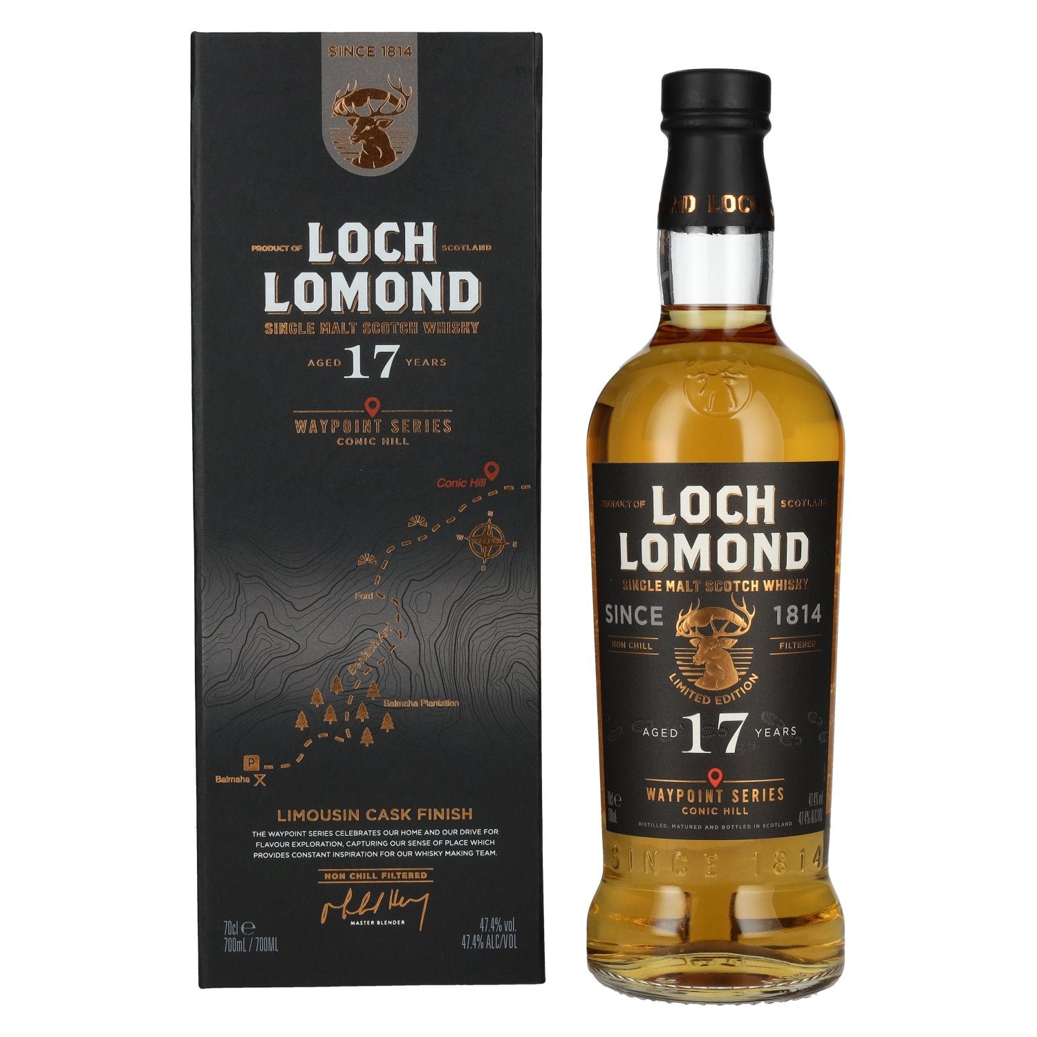 f1805e708fda69f42c998f55311524e0dca21b659fad9f79b1b4ee17d94d3a80.jpg Loch Lomond 17 Years Old Waypoint Series CONIC HILL Single Malt Scotch Whisky 47,4% Vol. 0,7l in gift box - Image 1