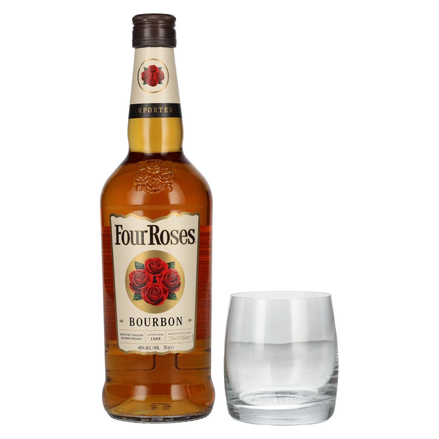 f6767a165976dec1a1c4511e1d0b1a77e1b0c7e6d95b774e043488a606d9d010.jpg Four Roses Bourbon 40% ABV, 0.7l, with whisky glass - Image 1