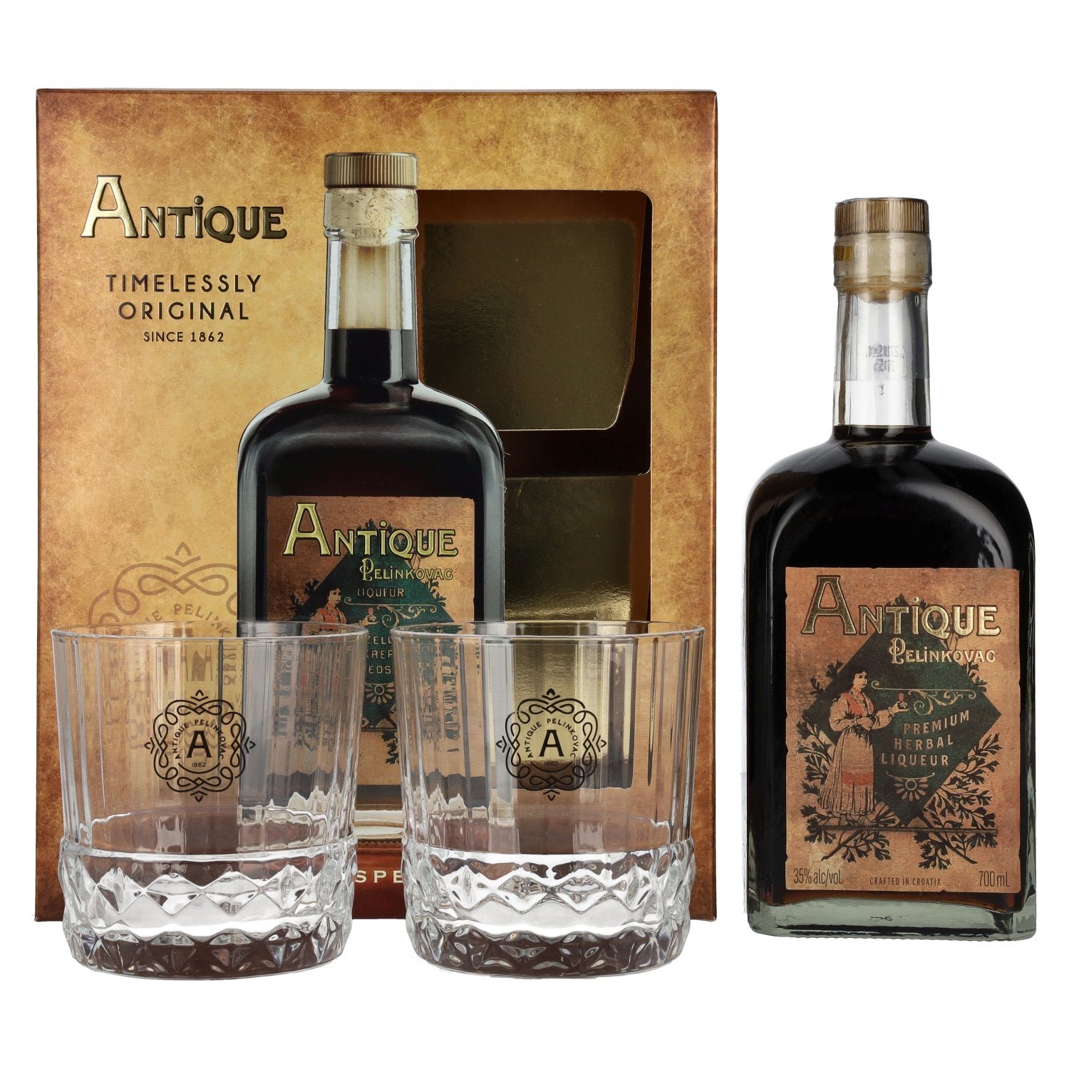 fbdf0ed30a651ddee8126a402084a4d6279e910d13a069be0831db6685aabca3.jpg Badel Antique Pelinkovac Premium Herbal Liqueur 35% Vol. 0,7l in gift box with 2 glasses - Image 1