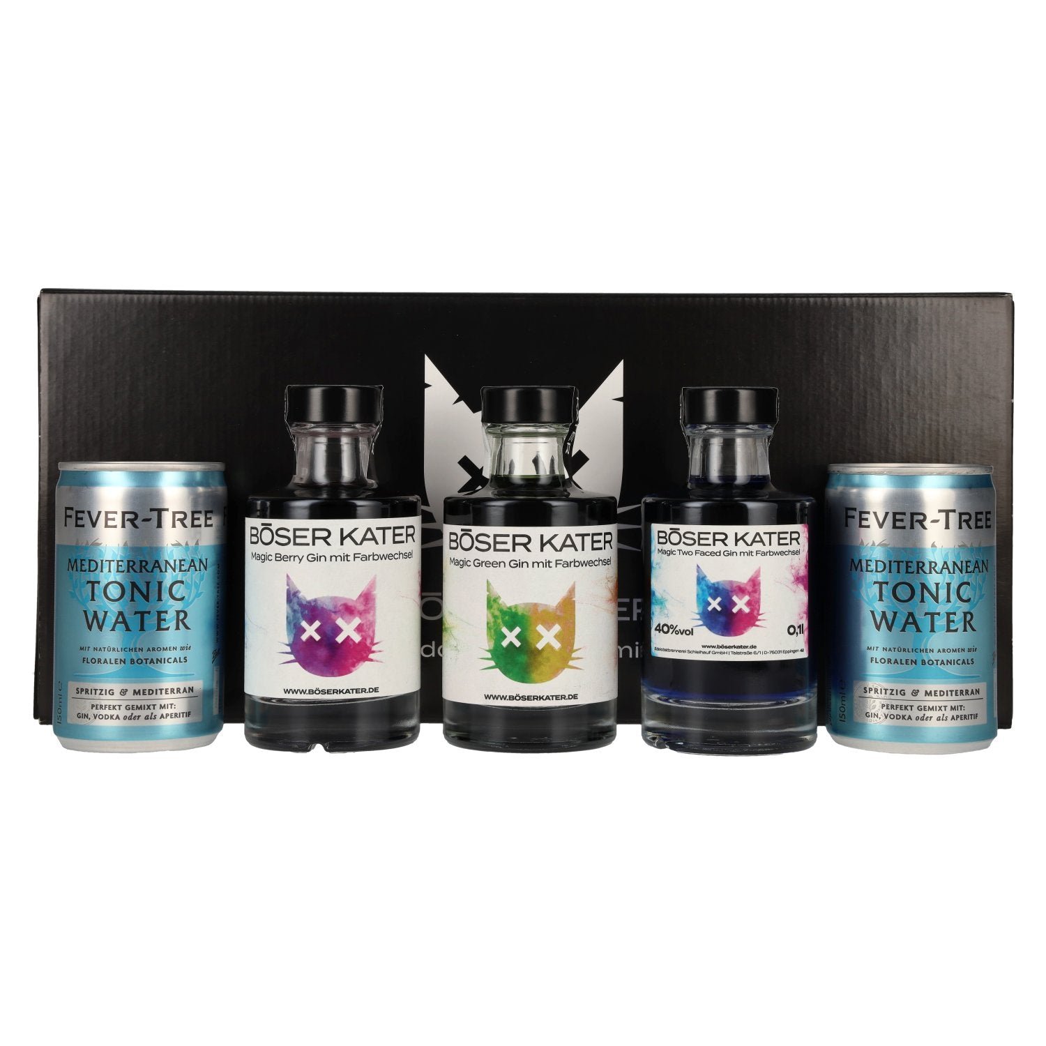 fc0b3d01c80e4c58490fc3787e041c802351de0ad45c46d71a92ec965a4b1e47.jpg Böser Kater Colour-Changing Gin Tasting Set 40% vol. 3 x 0.1 l in a gift box with 2 tins of Fever-Tree Mediterranean Tonic Water - Image 1